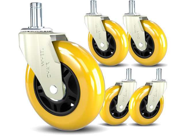 Office Chair Caster Wheels Replacement 3 Inch Roller Blade, Set of 5 Yellow Heavy Duty Quiet No Scratch Rubber Gaming Chair Wheel for Hardwood...