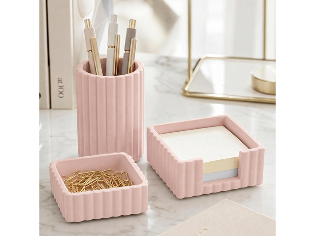Modern Aesthetic Desk Accessories Set of 3 - Pink Concrete Organizers For Pens and Office Supplies - A Cute and Functional Addition to Your...