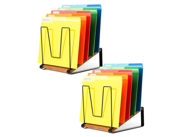 2 Pack Desk File Organizer, 5-Section Desktop File Folder Holder Visible Tiered Design, Metal Rack with Wood Base, Vertical Storage for Binders...