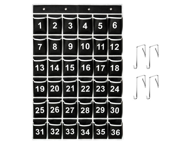 36 Pockets Black Numbered Classroom Pocket Chart for Cell Phones, Hanging Pocket Chart Storage for Classroom Phone Calculator Holder with 4 Hooks...