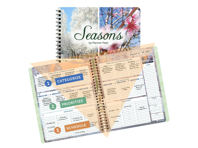 Spiral Bound January-December 2027/ Calendar Year 6 3/4' x 8 1/2' Medium 3-Tier Funnel Down 12 Month/Weekly Organizer, Seasonal Color Ink