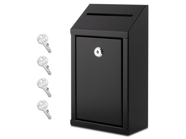 Metal Donation Box with Lock, Wall Mounted, Suggestion Box with 4 Iron Keys, Black, Cash Drop Box with Slot, 1-Pack
