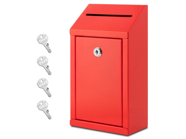 Metal Donation Box with Lock, Wall Mounted, Suggestion Box with 4 Iron Keys, Red, Cash Drop Box with Slot, 1-Pack