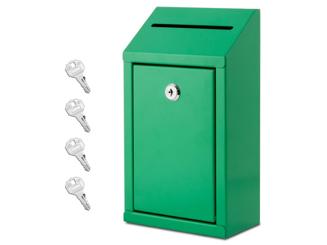 Metal Donation Box with Lock, Wall Mounted, Suggestion Box with 4 Iron Keys, Green, Cash Drop Box with Slot, 1-Pack