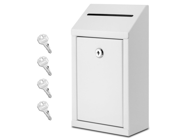 Metal Donation Box with Lock, Wall Mounted, Suggestion Box with 4 Iron Keys, White, Cash Drop Box with Slot, 1-Pack