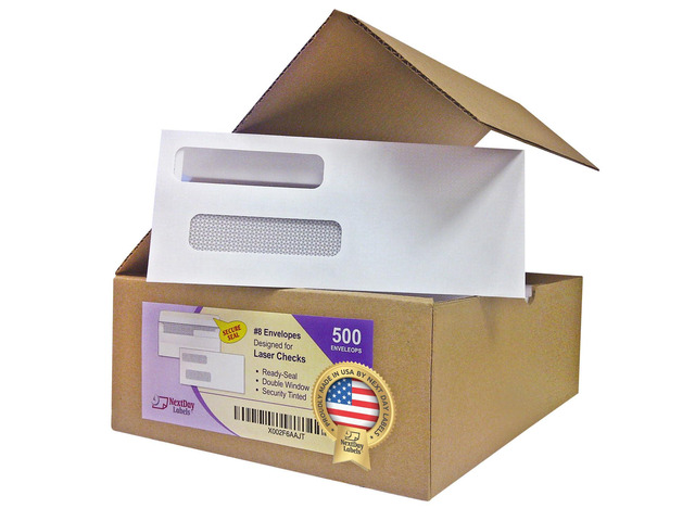 #8 Double Window Check Envelopes, Made in USA, 500 Pack Ready-Sealing Security Tinted Envelopes for QuickBooks, Sage 100, Blackbaud Checks, Quicken...