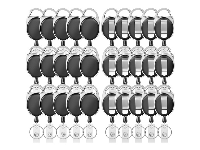 Retractable Badge Holder with Carabiner Reel Clip and Key Ring 30 Pieces, Black, For ID Card Key Keychain Holders, High Quality, Easy to Use, Wide...