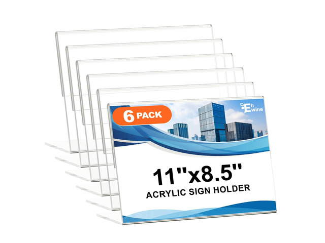6 Pack 8.5 x 11 Acrylic Sign Holder Horizontal, Clear Plastic Signs Display Stand, Slanted Back Paper Holder Stand up Table Top Sign Holders Flyer...
