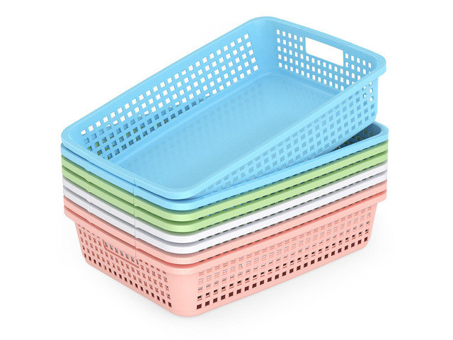 8 Pack Classroom Storage Baskets 15''x10''x3'' Large Plastic Paper Trays with Handle Letter Size A4 Paper Toy Basket Turn in Trays for Library...