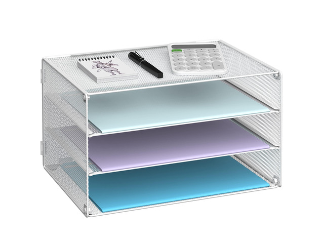 3 Tier Letter Tray Paper Organizer with Sliding Mesh Trays White Metal Mesh File Organizer with Sliding Trays for Letter and A4 Paper, Mail, Bills,...