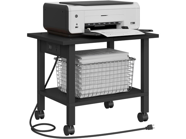 Printer Stand, 2 Tier Rolling Printer Cart with Charging Station Small Under Desk Printer Table with Wheels for Small Space, Office, Home, Black...