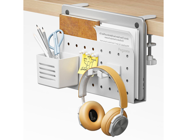 Desk Side Storage Organizer, Fits Flat Edge 0.4' to 2.2', White No Drill Under Desk Laptop Holder, Clamp on Desks Shelf with Pegboard Accessories,...