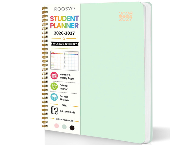 Large Academic Calendar 2026-2027, Green Wirebound Student Planner, Jul. 2026 - Jun. 2027, 8.3' x 10.9', Weekly Monthly Study Planner, Color Pages,...