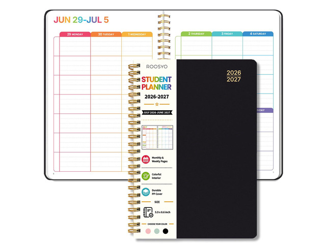 Student Planner 2026-2027, Black Spiral Academic Planner with Colorful Pages, Jul. 2026 - Jun. 2027, 5.9' x 8.6', PP Plastic Cover Weekly Monthly...