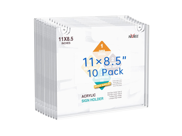 10-Packs 8.5x11 Sign Holder Horizontal for Wall Door, Clear Acrylic Picture Frame for Paper with Free 3M Tape and Mounting Screws