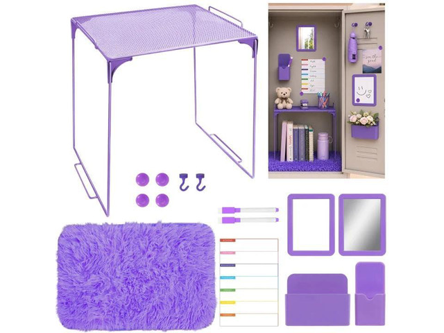 15 PCS Purple School Locker Organizer Kit with Shelf and Accessories Locker Accessories Include Shelf, Rug, Magnetic Mirror, Whiteboard with Marker...