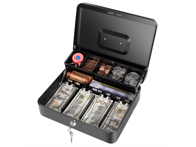 Cash Box with Money Tray and Key Lock, Saving Lock Box with Money Tray Storage for Cash Register 11.8'x9.45'x3.54' Black XL Large