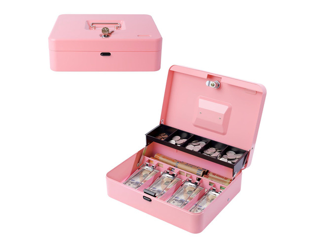Cash Box with Money Tray and TOP Key & Push-Button Lock, Money Saving Lock Box, Safe Locking Box for Cash Register XL 11.8'x9.45'x3.54' Pink