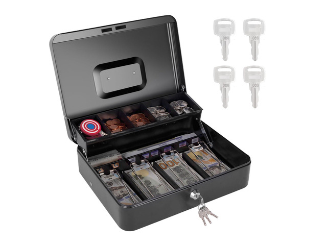 Cash Box with Money Tray and Key Lock, Large Metal Safe Money Box for Cash Register, Locking Money Saving Organizer Lock Box for Money Storage with...