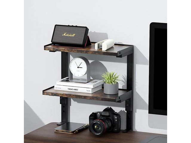 2-Tier Desk Shelf Desk Organization Expandable Clamp on Desk Shelf Desktop Accessories for Offices and Game Rooms (Wood)