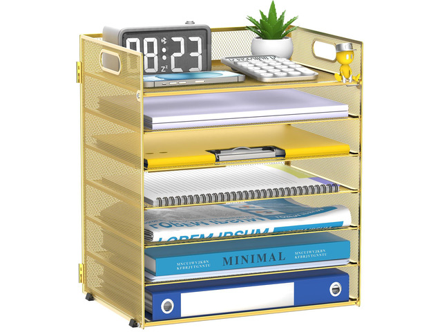 7 Tier Paper Organizer for Desk with Mesh Letter Trays and Handle Gold Desk File Organizer with Handle for Sorting Papers, Files, Folders, Mail,...