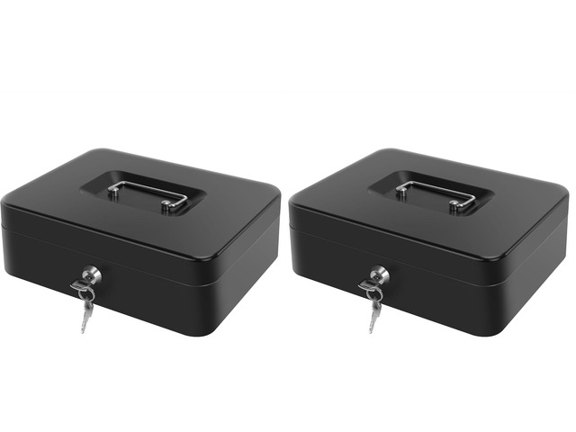 Cash Box with Money Tray - Large Money Box with Lock, Metal Safe Box for Money 9.84' x 7.87' x 3.54' Black (Pack of 2)