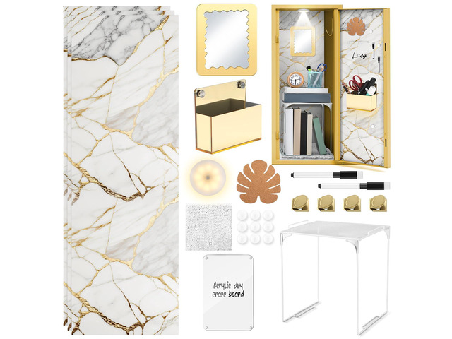 25 Pcs Locker Accessories, Locker Wallpaper,Marble,Gold Marble Gold, Locker Organizer, First Day of School Essential, Shelf Mirror LED Light Pen...