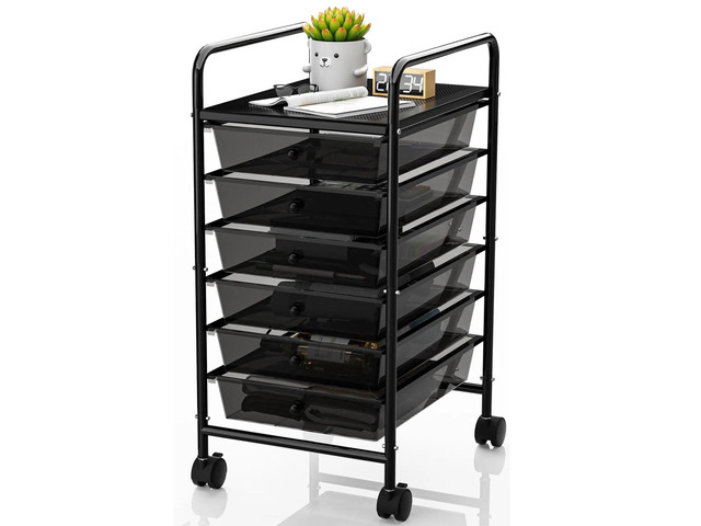 Rolling Storage Cart with Drawers 6-Tier Office Transparent Black Utility Cart with 6 Drawers & 2 Lockable Caster Wheels, Multipurpose Mobile...
