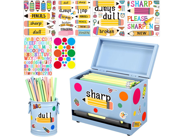 8 Pcs Pencil Dispenser for Classroom Stainless Steel, Light Blue Sharp Dull Pencil Holder Classroom, Letter Stickers, Metal Desk Organizer, Back to...