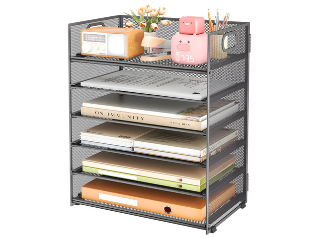 6 Tier Paper Organizer with Handle,Construction Teacher Desk Decor,Gray Mesh Desk Letter Paper File Folder Accessories Sorter Organizer,Stackable...