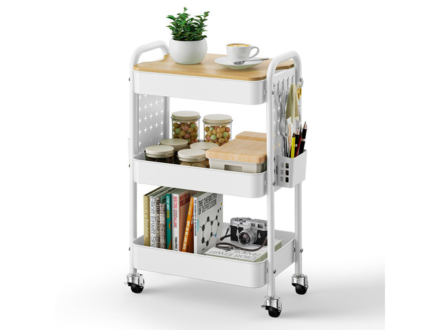 3 Tier Rolling Cart with Table top, Metal Utility Cart with DIY Pegboard Sturdy Storage Organizer Cart with Locking Wheels,Hooks& Cups for Office,...