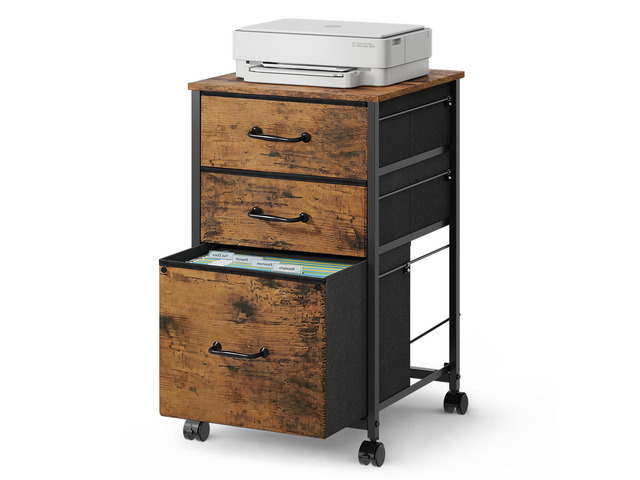 3-Drawer Mobile File Cabinet, Rolling Printer Stand, Rustic Brown Fabric vertical filing cabinet with 3 drawers, wood desktop, steel frame, fits...