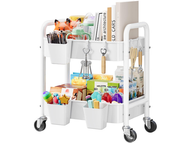 2 Tier Metal Small Rolling Cart with Wheels for Under Table Storage, White Utility Cart Organizer with Hooks, Cups, Under Desk Carts for Bathroom,...