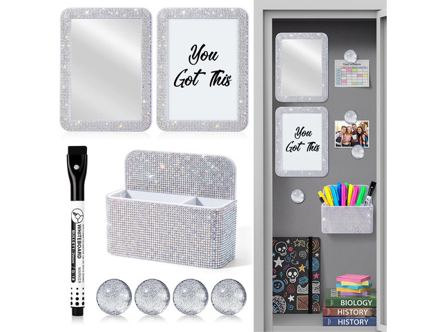 8 Pcs Glitter Magnetic Locker Accessories for Girls, Silver Locker Organizer Decorations, Magnetic Pen Holder, Mirrors, Magnets Whiteboards,...
