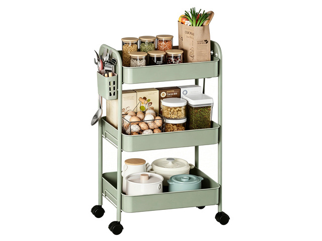 Heavy-Duty Rolling Cart 3 Tier Metal Utility Storage Cart with Casters, Hooks & Hanging Cups, Rolling Storage Organizer for Kitchen Office Craft...