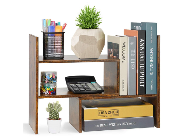 Expandable Wood Desktop Bookshelf Desktop Organizer Office Storage Rack Wood Display Shelf, Counter Storage Rack Top Bookcase - Freestyle Display...