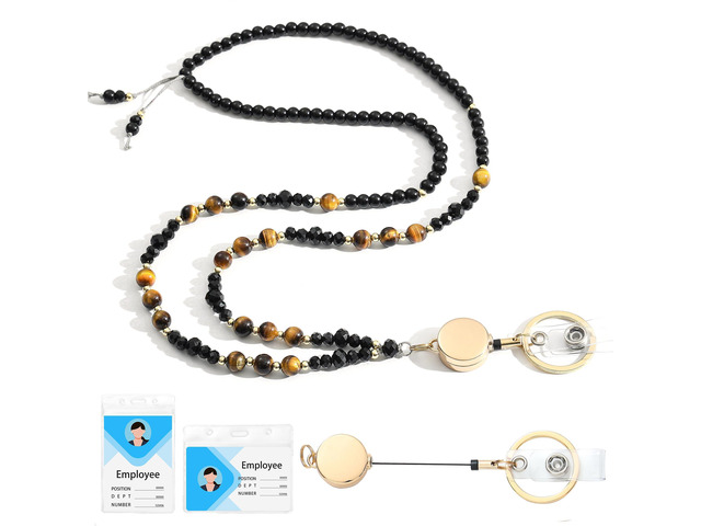 Natural Stone Beaded Lanyards for ID Badges and Keys,Tiger Eye Teacher lanyard for women, 0.8mm double-strand 6-braided cord, 10+ in retractable...