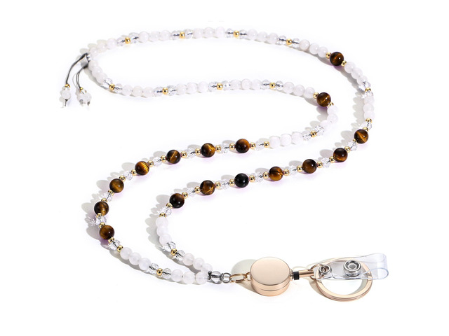 Natural Stone Beaded Lanyards for ID Badges and Keys, Tiger Eye Teacher lanyard for women, 0.8mm double-strand 6-braided cord, 10+ in retractable...
