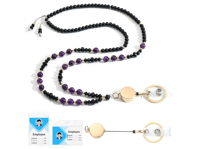 Natural Stone Beaded Lanyards for ID Badges and Keys,Black Amethyst Teacher lanyard for women, 0.8mm double-strand 6-braided cord, 10+ in...