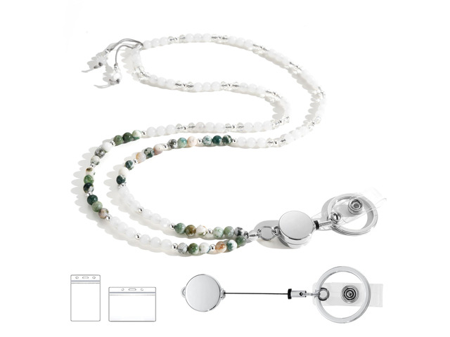 Natural Stone Beaded Lanyards for ID Badges and Keys Vertical Agate Teacher lanyard for women, 0.8mm double-strand 6-braided cord, 10+ in...