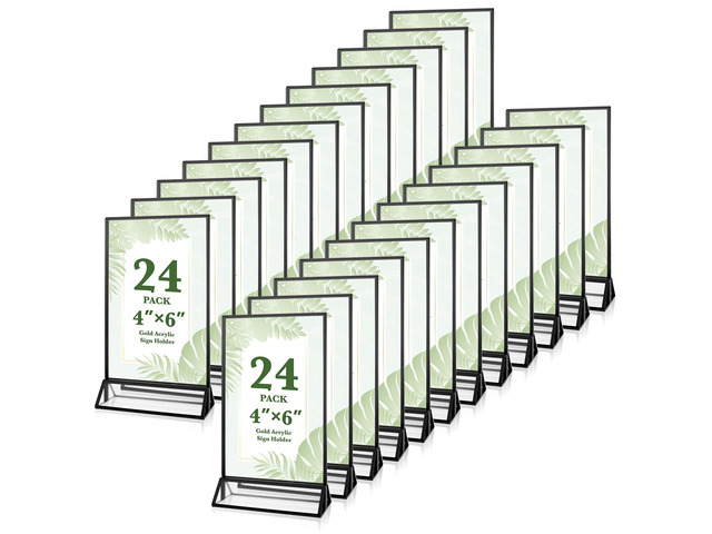 24 Pack 4x6 Inch Acrylic Sign Holders, Clear Picture Frame Stands Black Double Sided Picture Frame Menu Flyer Holder for Wedding Table Numbers,...