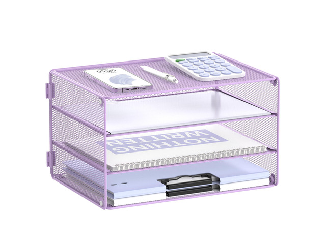 3 Tier Letter Tray Paper Organizer with Sliding Mesh Trays Purple Metal Mesh File Organizer with Sliding Trays for Letter and A4 Paper, Mail,...