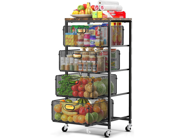 Kitchen Storage Cart with Drawers,Metal Snack Cart Organizer,Black 4-Tier Craft Cart with Lockable Wheels, Wooden Top, Rolling Storage Drawer Carts...
