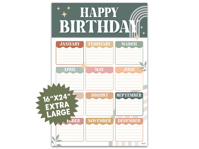 Classroom Birthday Chart, 16x24 Modern Boho Reusable Poster Calendar for Student Teacher Kids, Back To School Bulletin Board Decoration Homeschool...