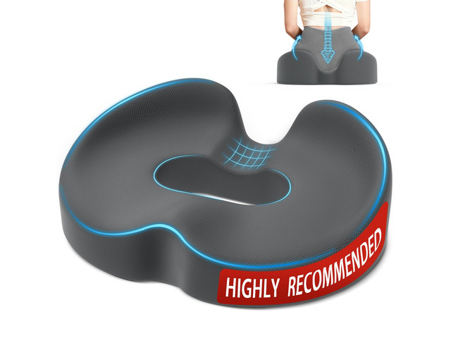 Memory Foam Donut Pillow Seat Cushion with Raised Rear, Grey 7.5-Inch U-Shaped Opening Helps Reduce Tailbone Pressure; Washable Mesh Cover And...