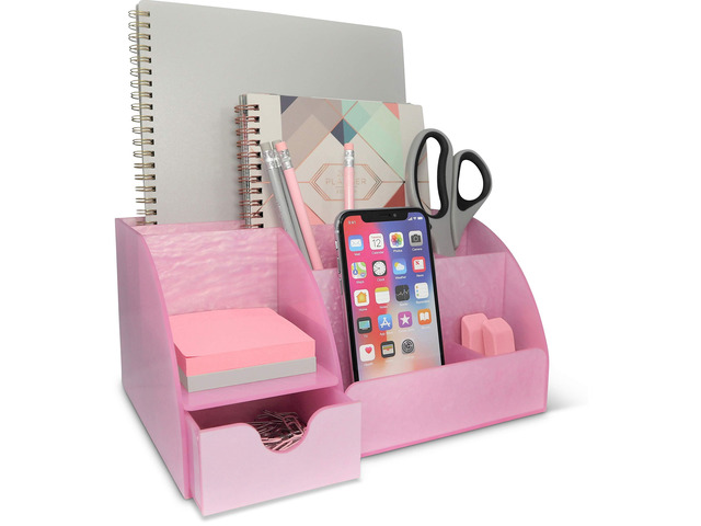 Pink Desk Organizer Office, Acrylic, with Drawer, 9 Compartments, Supplies and Cool Desk Accessories Organizer, Desktop Pen Holder (Pink)