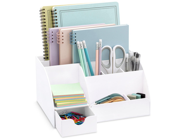 White Desktop Organizer - 9 Compartment Office Desk Accessories Organizer - Pen Holder