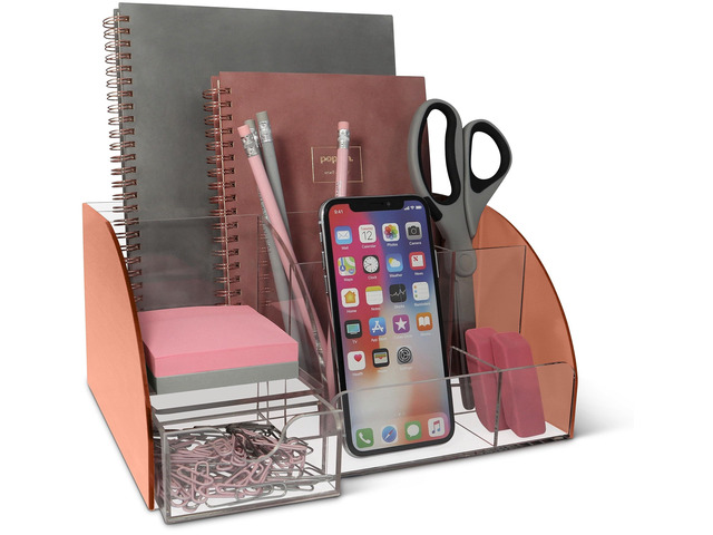 Rose Gold Desk Organizer, Acrylic, 9 Compartments, Office Supplies Desk Accessories Organizer with Drawer, Pen Holder, Office Decor Desktop...