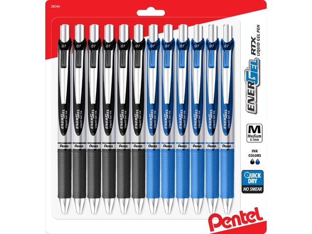 Energel 0.7 mm Rtx Retractable, 6 Black & 6 Blue Ink Pens Metal Tip, Medium Point Energel Liquid Gel Ink Pens 0.7 mm. Pack of 12