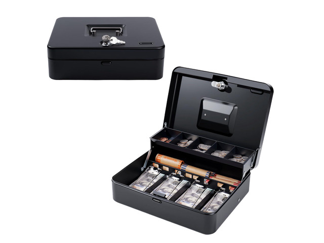 Cash Box with Money Tray and TOP Key & Push-Button Lock, Money Saving Lock Box, Safe Locking Box for Cash Register XL 11.8'x9.45'x3.54' Black